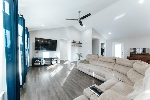 living area featuring a ceiling fan, recessed lighting, baseboards, and wood finished floors