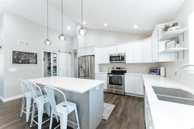 kitchen with a barn door, visible vents, a center island, stainless steel appliances, and a sink