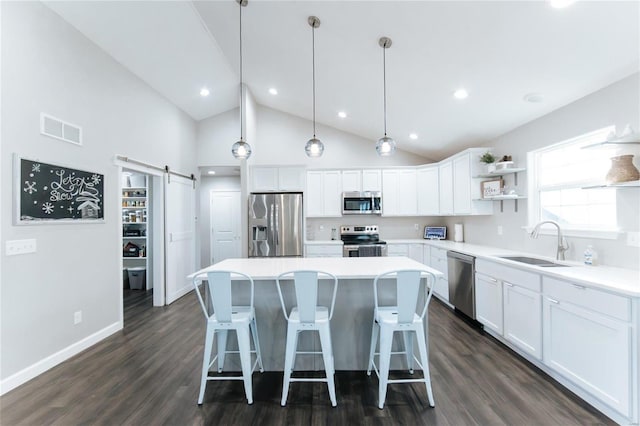 kitchen featuring visible vents, a barn door, appliances with stainless steel finishes, a kitchen island, and a sink