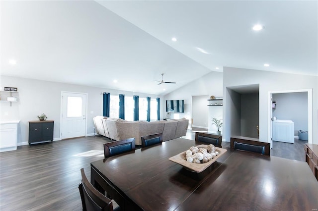 dining space with lofted ceiling, ceiling fan, recessed lighting, dark wood-style flooring, and washer / clothes dryer