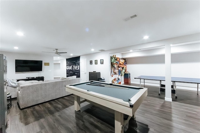 rec room with ceiling fan, recessed lighting, pool table, wood finished floors, and visible vents