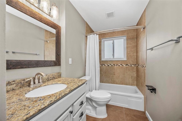 full bathroom with shower / bath combination with curtain, visible vents, toilet, vanity, and tile patterned flooring