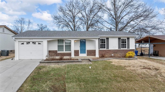 ranch-style house with driveway, a front yard, central AC unit, and brick siding