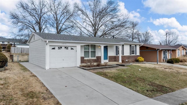 ranch-style house featuring an attached garage, brick siding, fence, driveway, and a front lawn