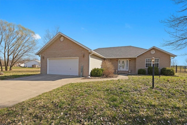 single story home featuring a front lawn, brick siding, concrete driveway, and an attached garage