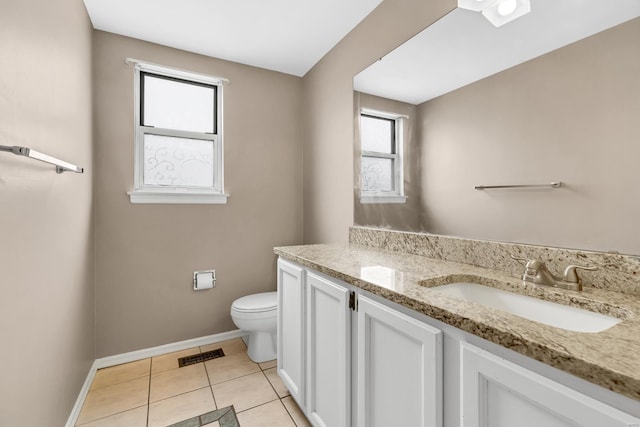 bathroom featuring toilet, visible vents, baseboards, vanity, and tile patterned floors