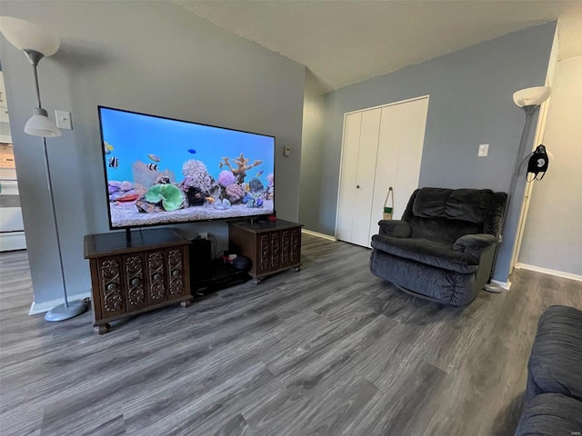 cinema room with lofted ceiling, baseboards, and wood finished floors