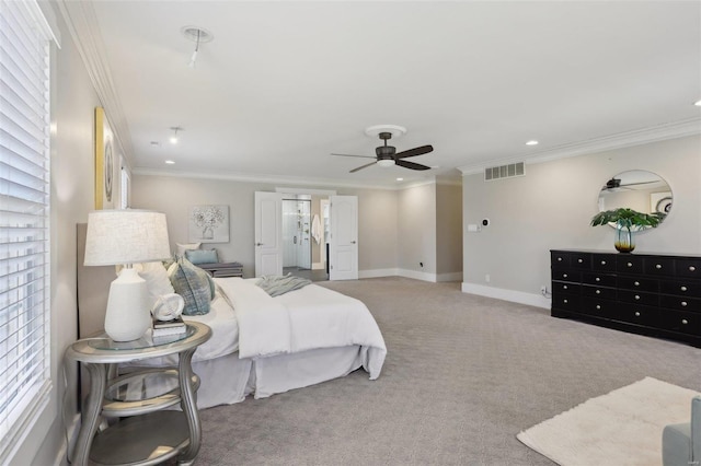 bedroom featuring carpet, visible vents, baseboards, recessed lighting, and crown molding