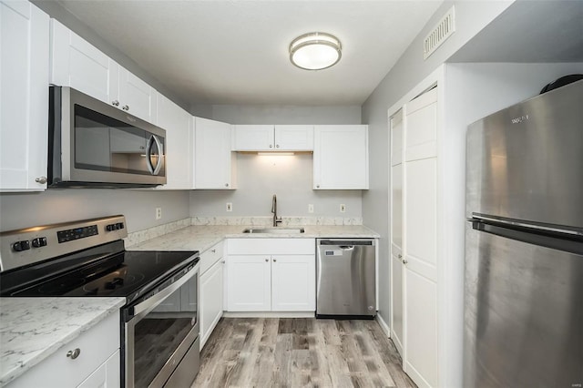 kitchen featuring visible vents, appliances with stainless steel finishes, light stone counters, white cabinetry, and a sink