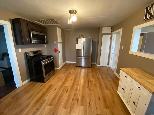 kitchen featuring light wood-type flooring, butcher block countertops, baseboards, and stainless steel appliances