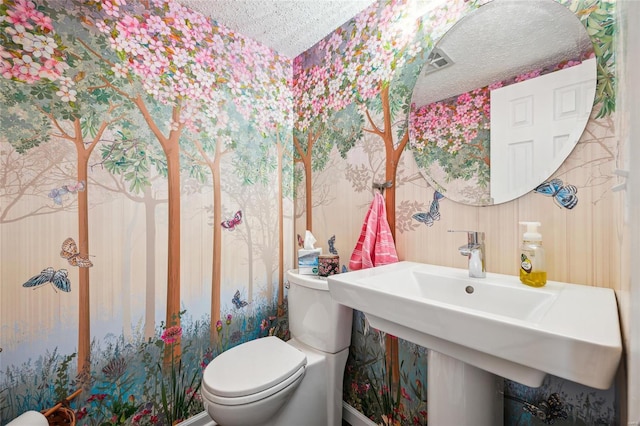 bathroom with toilet, a sink, visible vents, and a textured ceiling