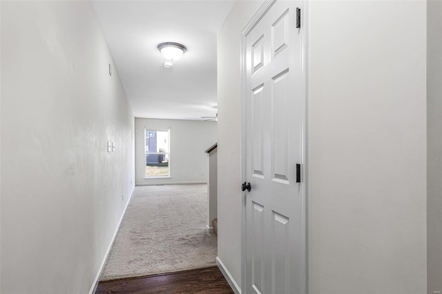 hallway featuring dark colored carpet, dark wood-style flooring, and baseboards