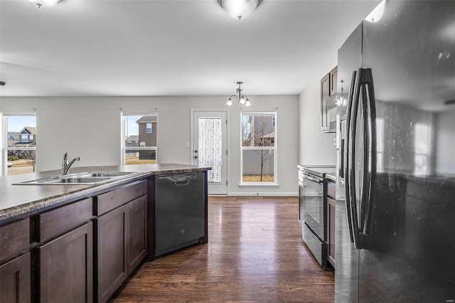 kitchen featuring plenty of natural light, dark wood finished floors, dark brown cabinets, black appliances, and a sink