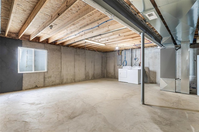 basement featuring visible vents, electric panel, and washer and clothes dryer