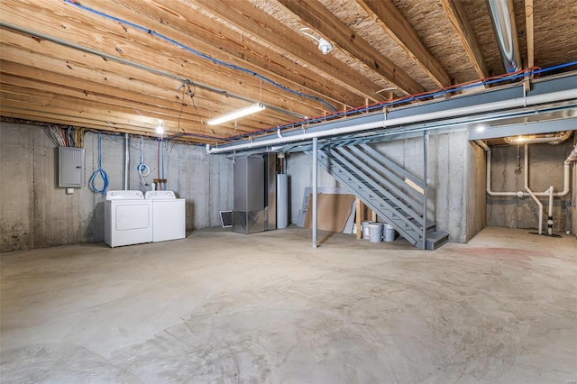 unfinished below grade area with water heater, stairway, independent washer and dryer, and electric panel