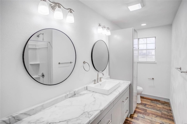 bathroom featuring vanity, wood finished floors, and toilet