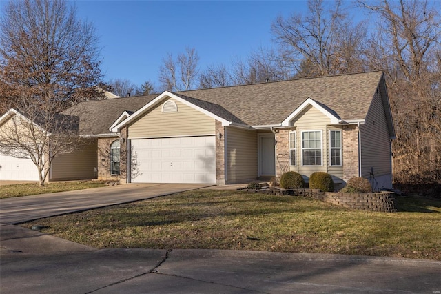 ranch-style house with driveway, roof with shingles, an attached garage, a front lawn, and brick siding