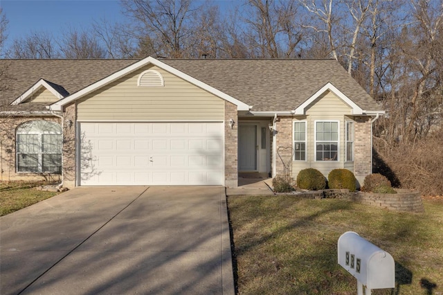 single story home with brick siding, a shingled roof, concrete driveway, a garage, and a front lawn