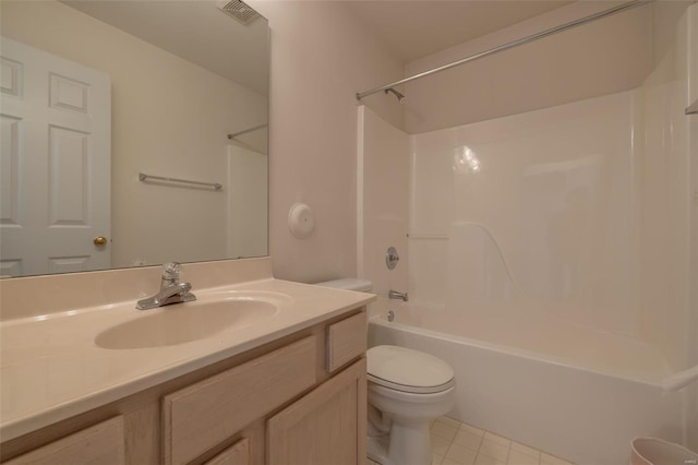 full bath with visible vents, toilet, tub / shower combination, vanity, and tile patterned flooring