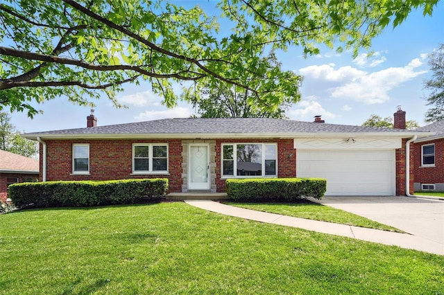 single story home with a chimney, concrete driveway, and brick siding