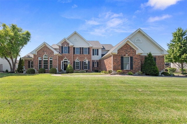 view of front of home with brick siding and a front lawn