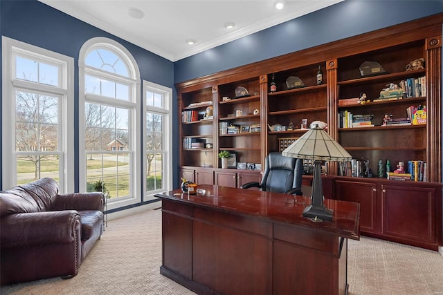 office space with crown molding and light carpet