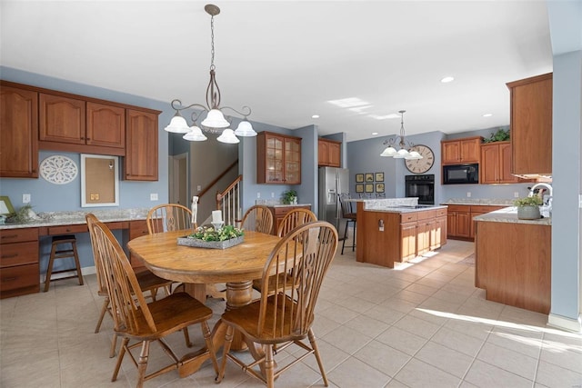 dining space with stairway, light tile patterned flooring, recessed lighting, and a chandelier