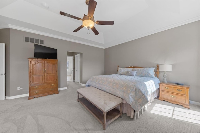 bedroom with crown molding, baseboards, visible vents, and carpet floors