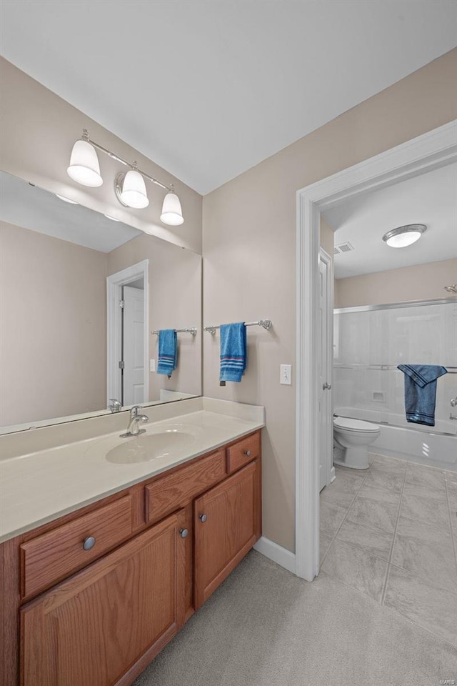 full bathroom featuring vanity, baseboards, visible vents, shower / bath combination, and toilet