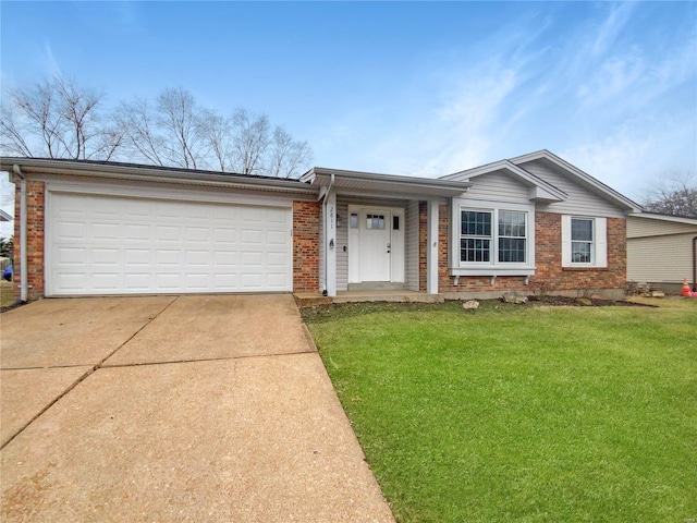 ranch-style house with a garage, concrete driveway, brick siding, and a front yard