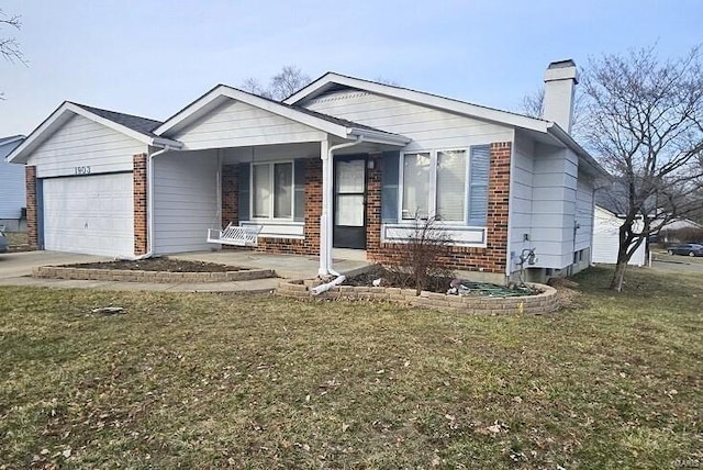 view of front of home with a garage, brick siding, a front lawn, and a porch