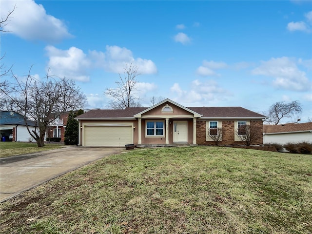 ranch-style home with an attached garage, brick siding, concrete driveway, and a front yard