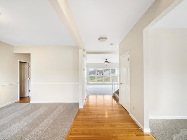 hallway featuring carpet floors and baseboards