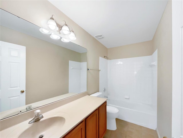 full bath featuring visible vents, toilet, washtub / shower combination, vanity, and tile patterned flooring