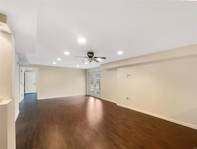 unfurnished room with dark wood-type flooring, recessed lighting, baseboards, and a ceiling fan