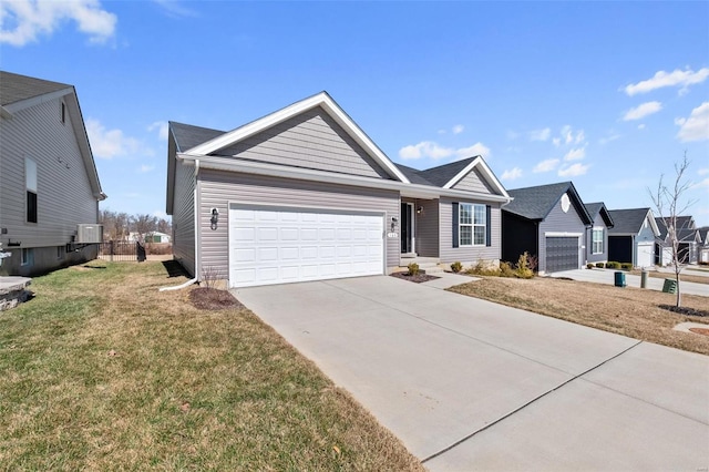 single story home featuring a garage, a front yard, driveway, and fence