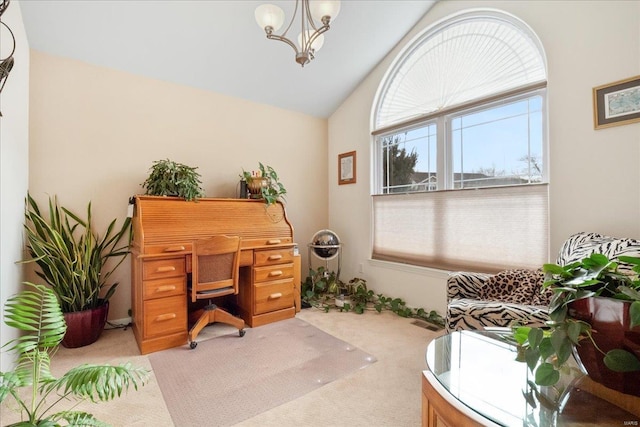 office featuring a chandelier, light colored carpet, and vaulted ceiling