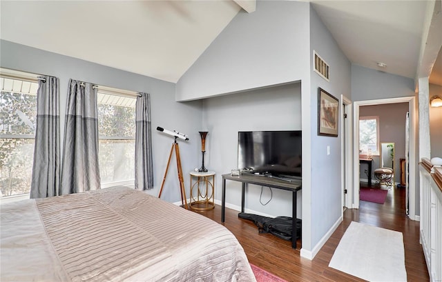 bedroom with high vaulted ceiling, dark wood-type flooring, visible vents, and baseboards