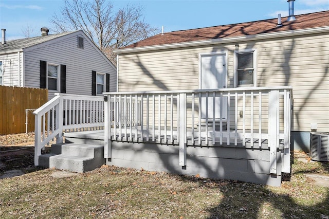 wooden terrace featuring cooling unit and fence
