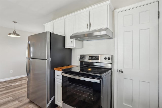 kitchen featuring baseboards, stainless steel appliances, light wood-type flooring, under cabinet range hood, and white cabinetry