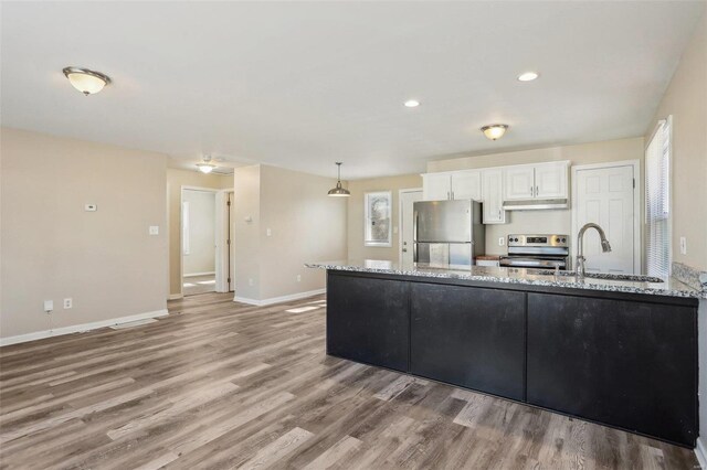 kitchen with white cabinets, light stone counters, appliances with stainless steel finishes, under cabinet range hood, and a sink