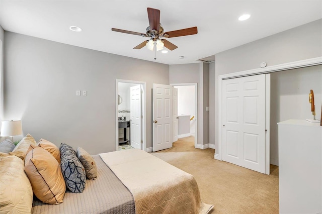 bedroom featuring baseboards, recessed lighting, a ceiling fan, and light colored carpet