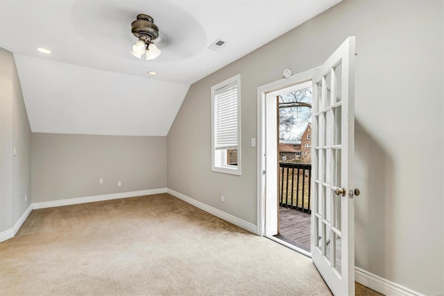 bonus room featuring visible vents, baseboards, lofted ceiling, carpet, and recessed lighting