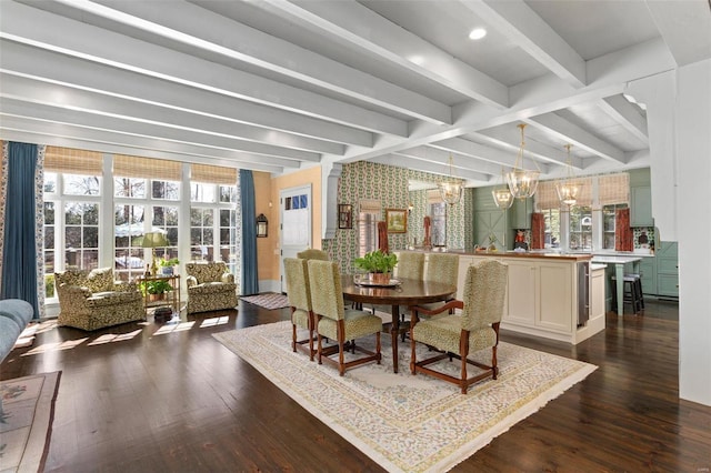 dining area featuring a notable chandelier, vaulted ceiling with beams, and dark wood-style flooring