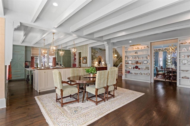 dining room featuring stairway, beamed ceiling, and dark wood-style flooring