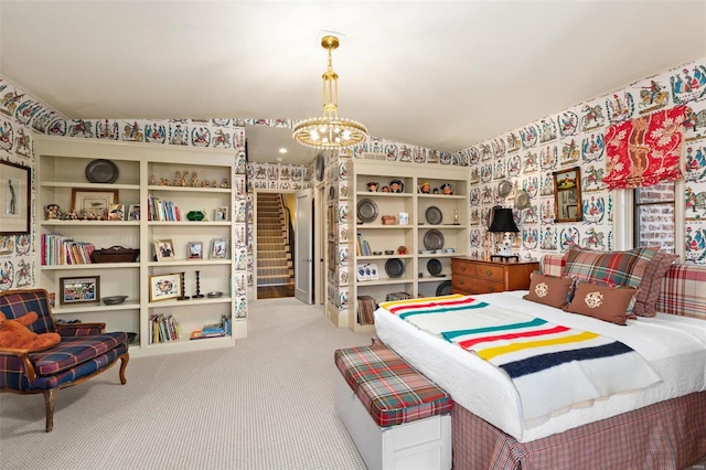 bedroom with wallpapered walls, vaulted ceiling, carpet, and a chandelier