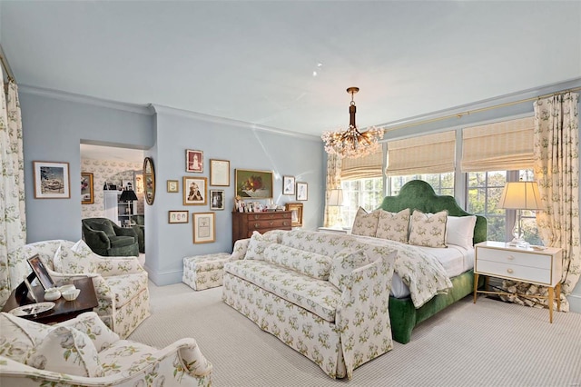 carpeted bedroom with crown molding and a chandelier