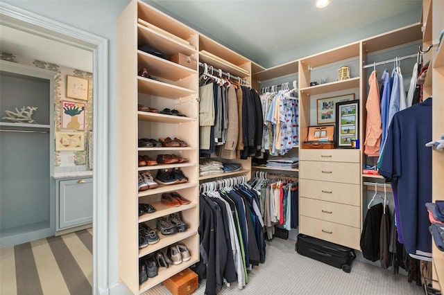 walk in closet featuring light carpet