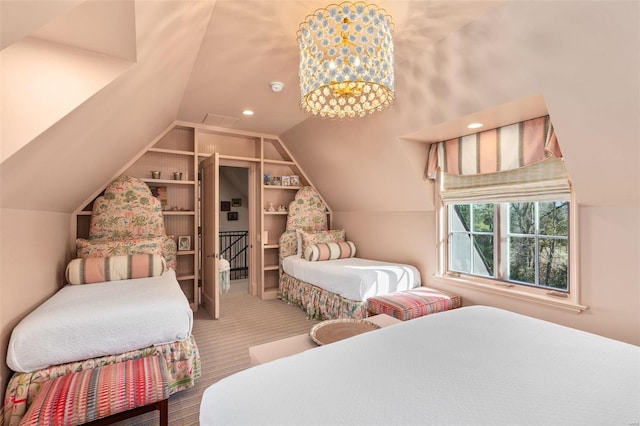 bedroom featuring a notable chandelier, carpet flooring, recessed lighting, and vaulted ceiling