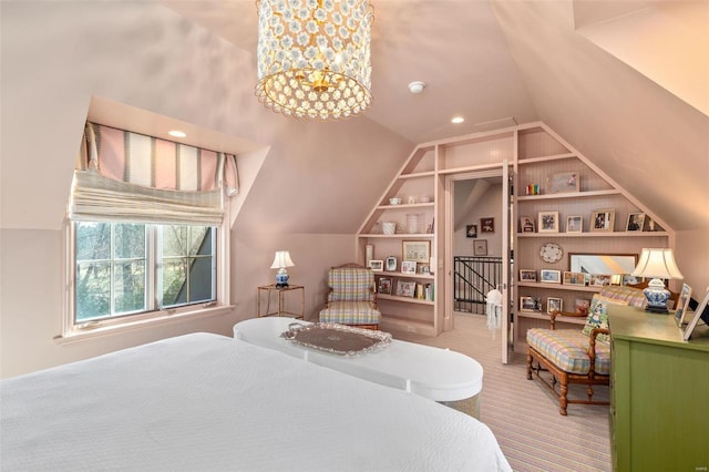 bedroom featuring recessed lighting, an inviting chandelier, carpet, and lofted ceiling